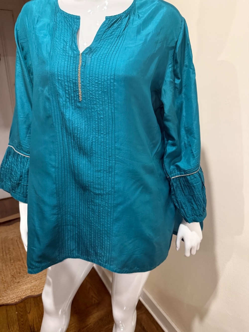 Anokhi India 100% Silk Teal Pintuck Tunic Blouse XL - Picture 4 of 8